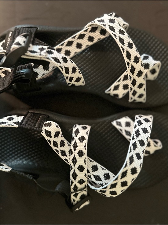 Chaco Shoes - Chaco Black Sandal with White & Black Patterned Webbing